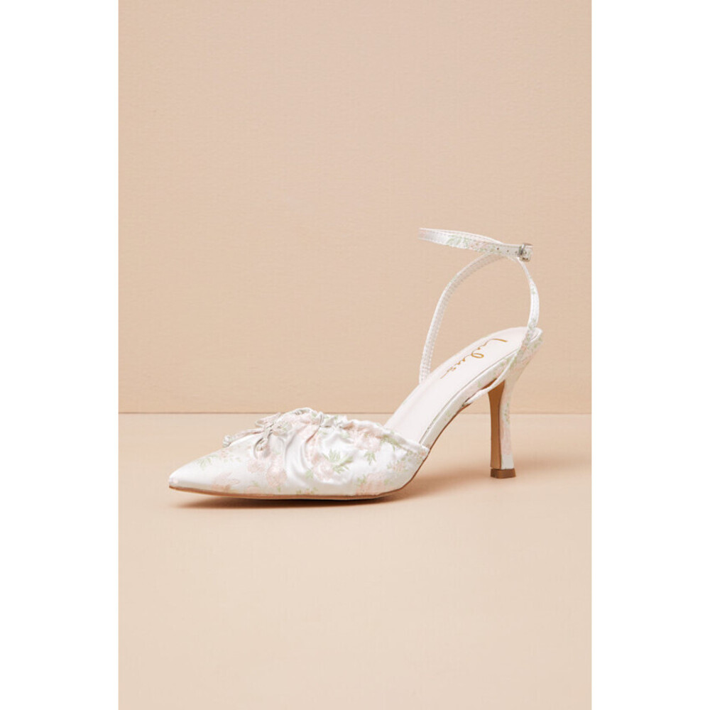 Lulus Issoria Gold Mix Floral Satin Bow Ankle Strap Pumps Other - Size 8